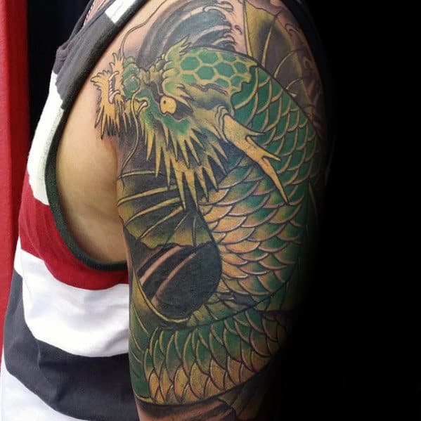 Green Koi Dragon Guys Half Sleeve Japanese Tattoos