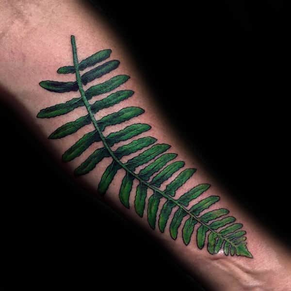 Green Leaf Fern Mens Inner Forearm Tattoo Inspiration