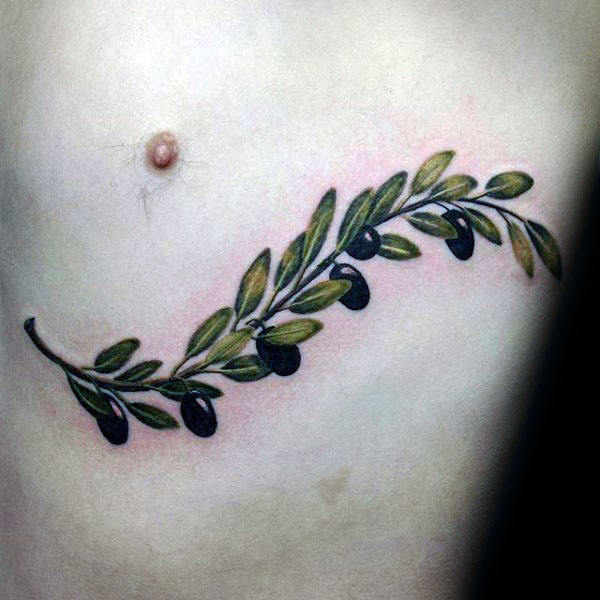 Green Leaves Mens Olive Branch Rib Cage Side Tattoo