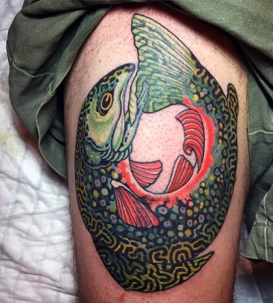 Green Leg Pat Fish Tattoo On Guy