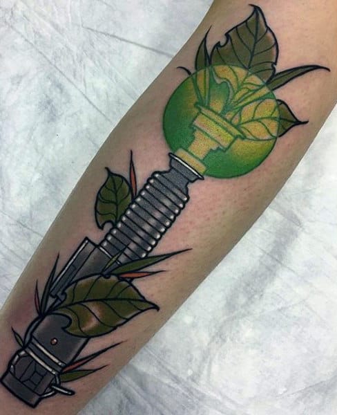 Green Lightsaber Leaves Mens Forearm Tattoo