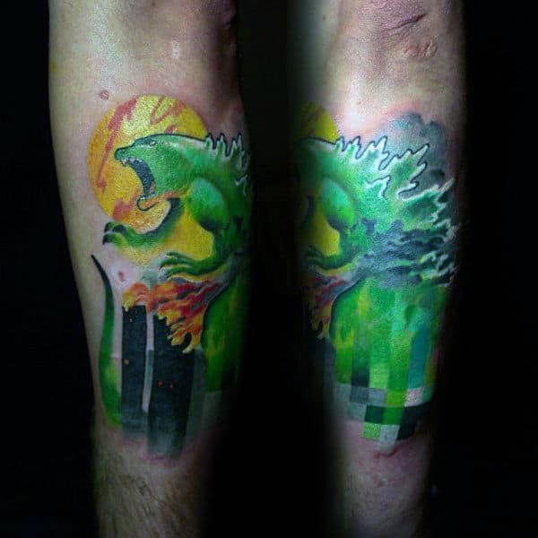 Green Modern Pixelated Godzilla With Skyscrapers Tattoo On Man