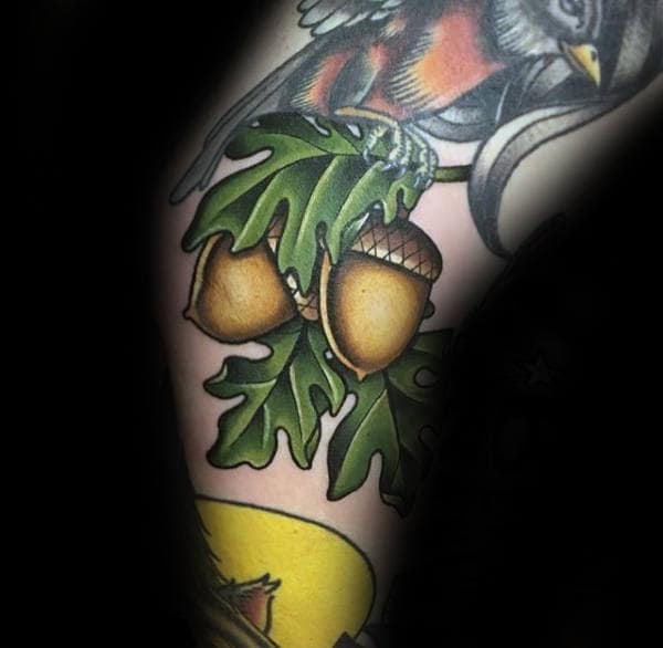 Green Oak Leaves With Acorns Mens Arm Tattoo