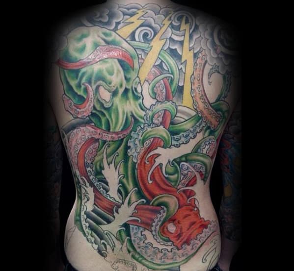 Green Octopus With Red Octopus Guys Japanese Back Tattoo