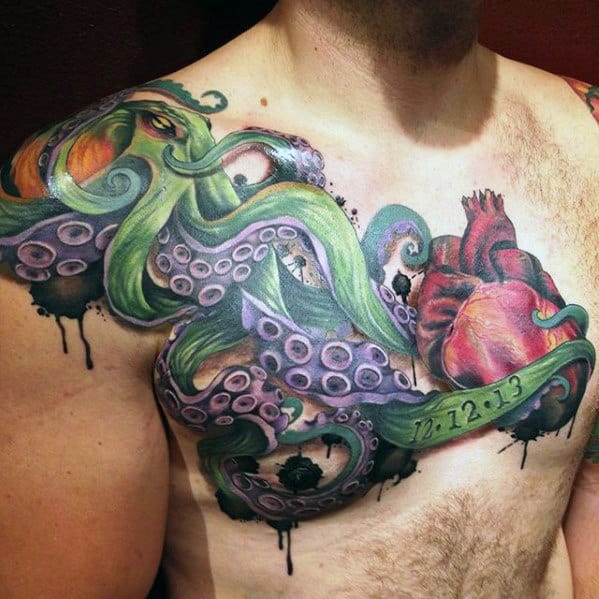 Green Octopus With Tentacles And Anatomical Heart Guys Chest Tattoos