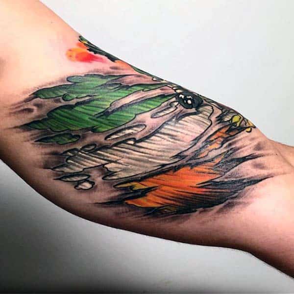 Green Orange And White Irish Flag Mens Torn Skin Arm Tattoo