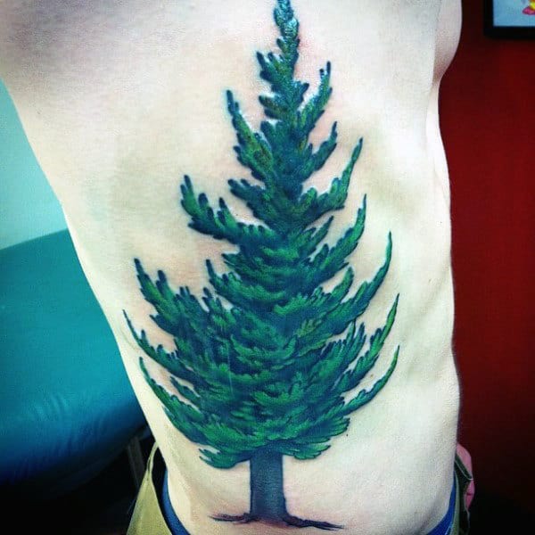 Green Pine Tree Men's Tattoo On Side
