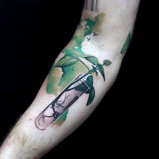 Green Plant In A Glass Test Tube Forearm Amazing Tattoos For Guys With Watercolor Ink