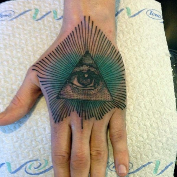 Green Tinted Triangle Eye Tattoo On Hands For Men