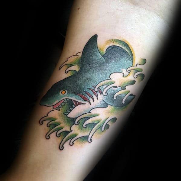 Green Waves With Shark Mens Traditional Tattoos On Inner Forearm