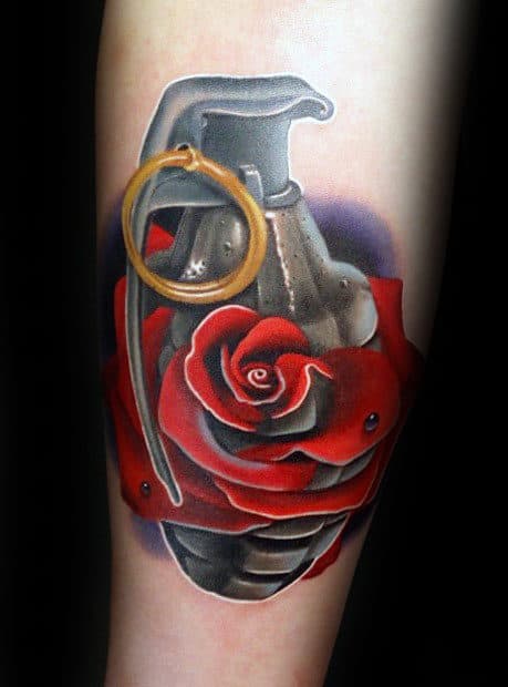 Grenade 3d Realistic Rose Mens Forearm Tattoos