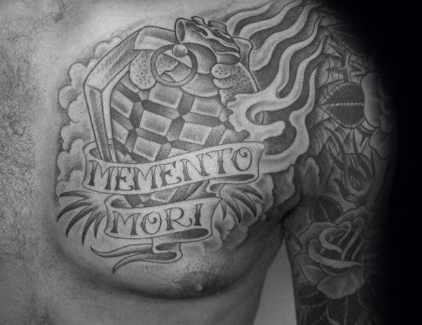 Grenade Memento Mori Mens Shaded Banner Upper Chest And Shoulder Tattoo