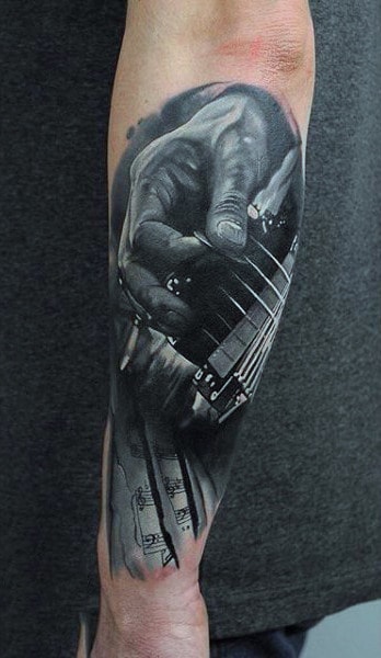 Grey 3D Strumming Guitar Tattoo For Men On Arms