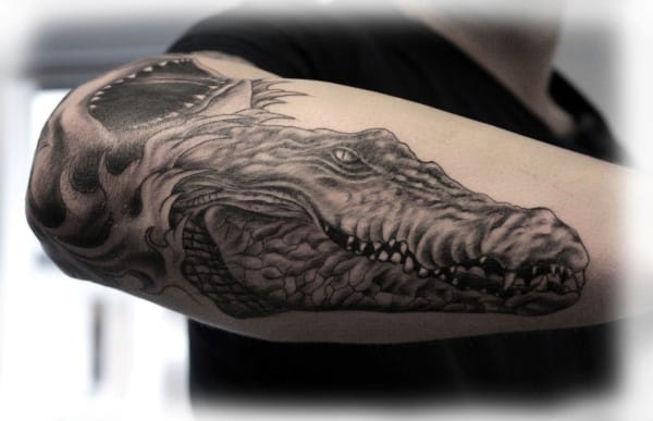 Grey And Black Alligator Tattoo On Arms For Men