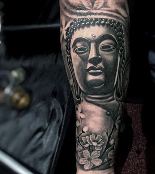 Grey And Black Buddha Head Tattoo For Men On Arms