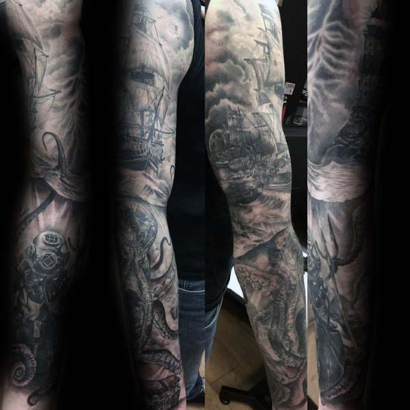 Grey And Black Ink Full Arm Nautical Male Sleeve Tattoos