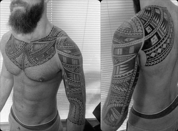 Grey And Black Ink Polynesian Tribal Tattoo Sleeve On Gentleman