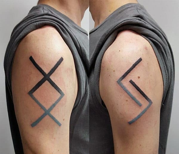 Grey And Black Ink Rune Tattoos On Mans Upper Arms