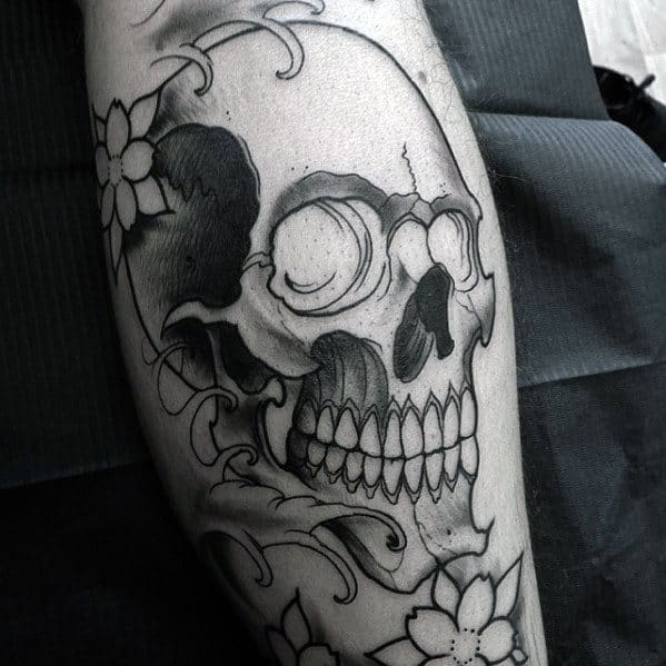 Grey And Black Japanese Skull Male Leg Tattoo