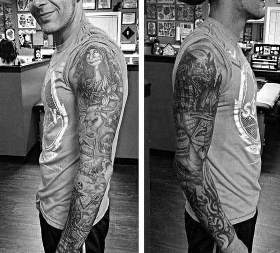 Grey And Black Night Before Christmas Shaded Tattoo Sleeve On Gentleman