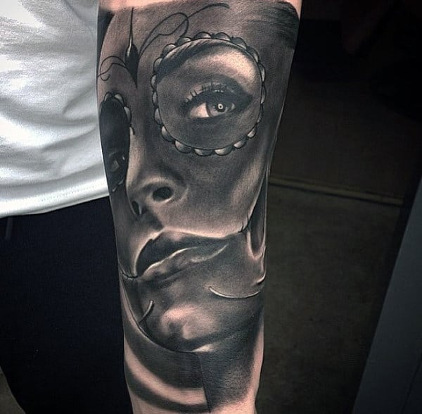 Grey And Black Shaded Woman Day Of The Dead Tattoo Mens Forearms