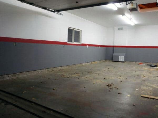 Grey And White Garage Walls Paint With Red Stripe In Center