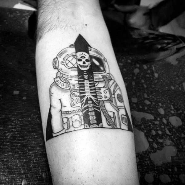Grey Astronaut And Smiling Skeleton Tattoo On Forearms Males