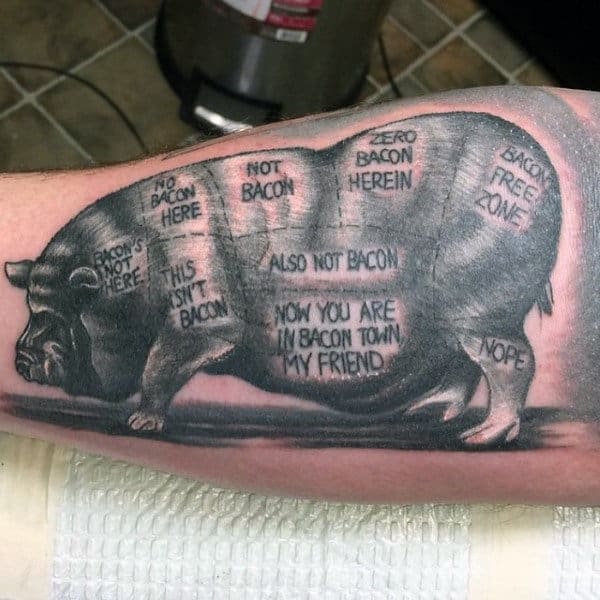 Grey Bacon Sayings On Pig Tattoo Male Forearm