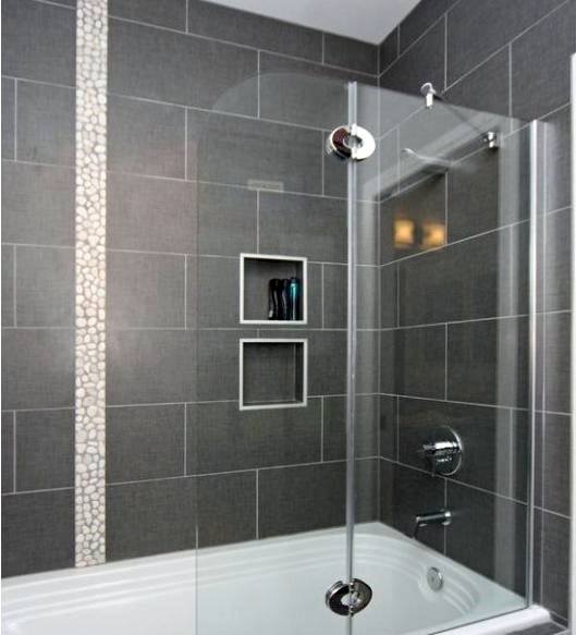 Grey Bathtub Tile Ideas With White Pebble Stripe