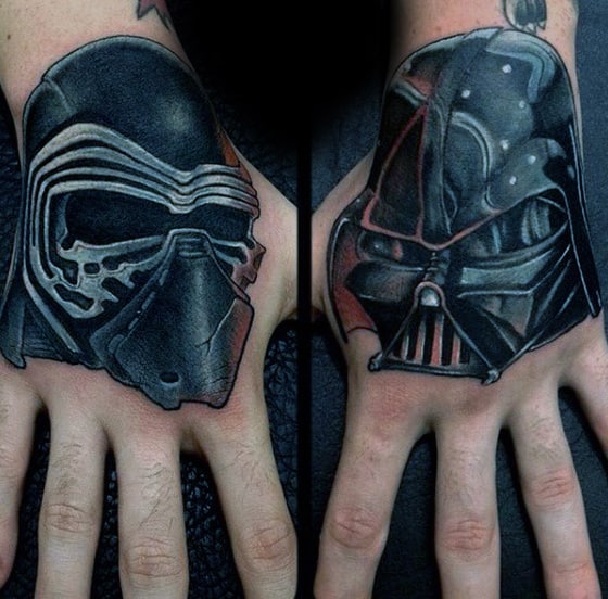 Grey Blue Darth Vader Tattoo Guys Hands