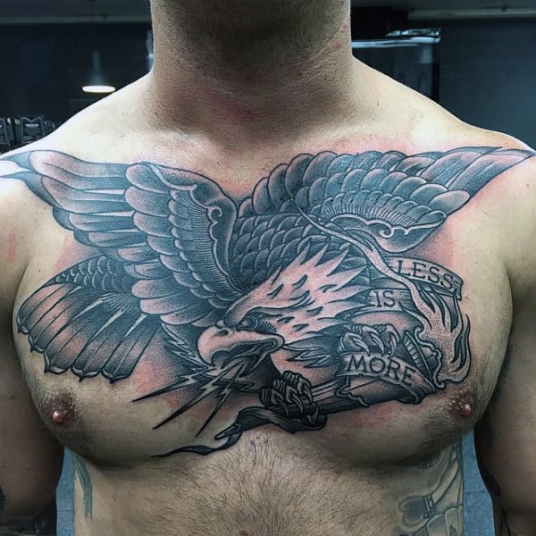 Grey Blue Shaded Interesting Tattoo Of Long Winged Eagle Tattoo Male Chest