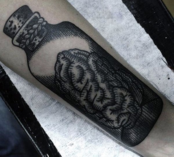 Grey Brain In Bottle Tattoo Male Forearms
