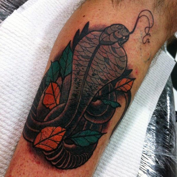 Grey Cobra Snake In Leaves Mens Arm Tattoos