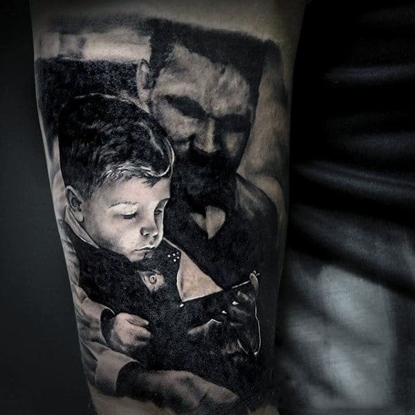 Grey Colored 3D Family Tattoo Of Dad Watching Son Play Forearm