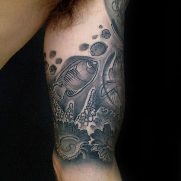 Grey Coral Reef With Fish Mens Inner Arm Bicep Tattoos