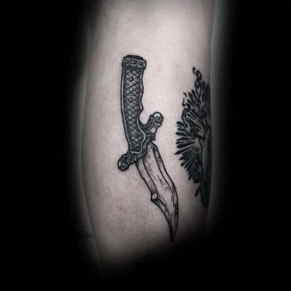 Grey Dagger With Bent Handle Tattoo Male Forearms