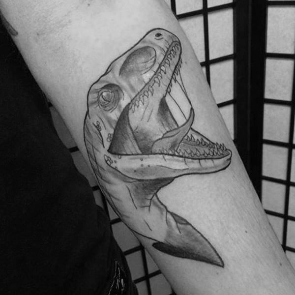 Grey Dinosaur With Tongue Out Tattoo Male Forearms
