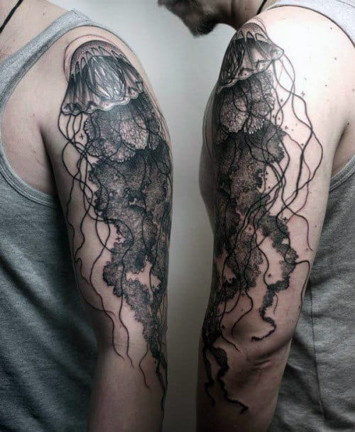 Grey Dotted Jellyfish Tattoo Male Upper Arms