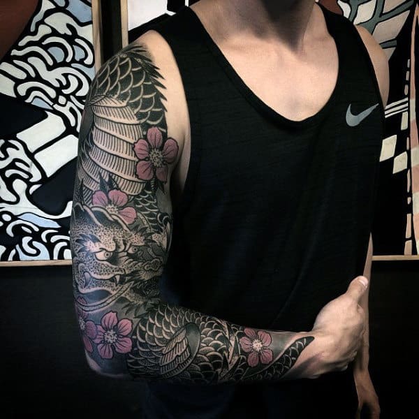 Grey Dotted Work Dragon And Pink Flower Tattoo Mens Sleeve