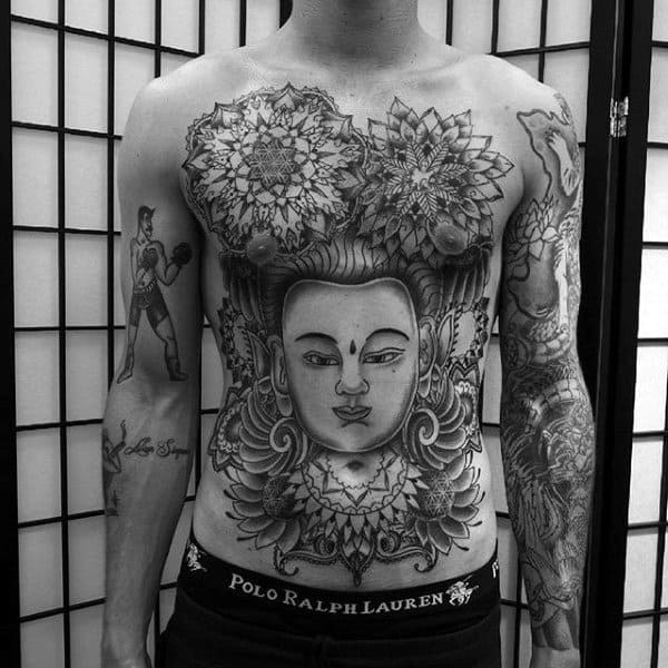 Grey Ink Detailed Floral Buddhism Tattoo On Front For Males