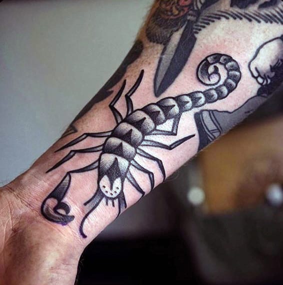 Grey Ink Scorpion Tattoo On Forearms Men
