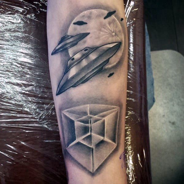 Grey Ink Ufo And 3D Cubical Tattoo Mens Forearms
