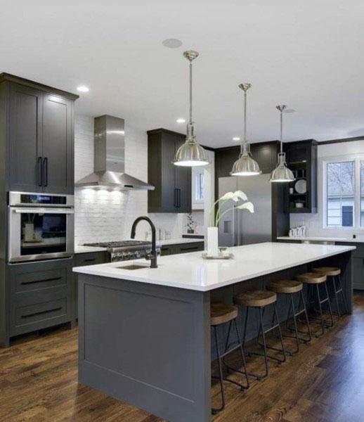 large contemporary kitchen with gray cabinets and island 