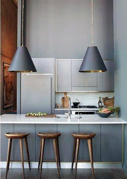 grey kitchen with wood details