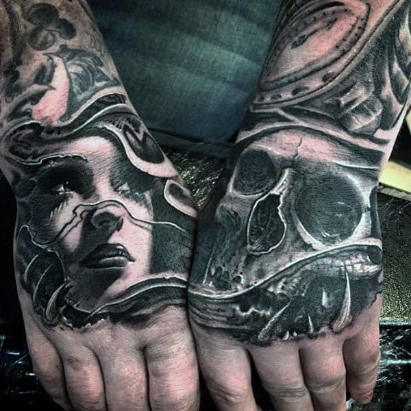 Grey Lady And Skull Manly Tattoo On Hands