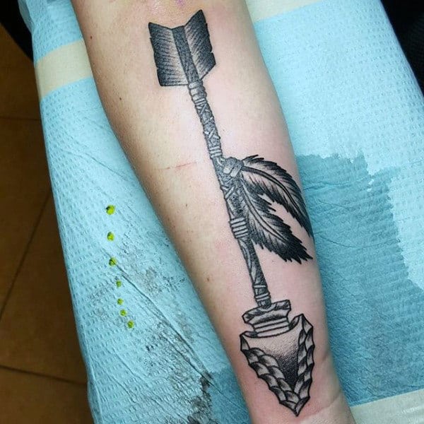 Grey Shaded Long Arrowhead Tattoo With Feathers On Forearms Guys