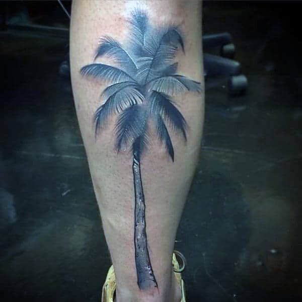 Grey Shaded Palm Tree Tattoo On Lower Leg For Men