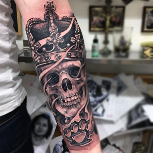 Grey Skull Crown Tattoo Forearms Male