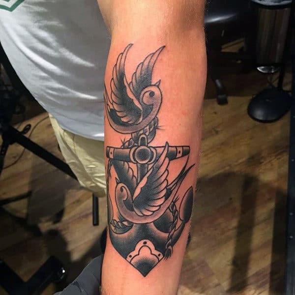 Grey Sparrow And Anchor Tattoos Forearms Male