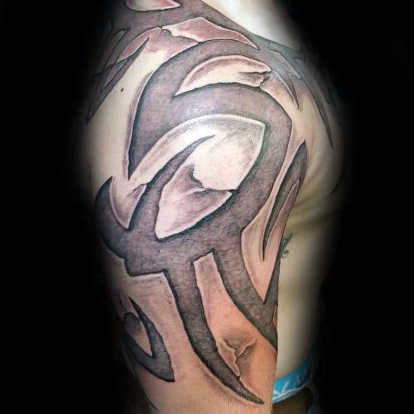 60 Cool 3D Tribal Tattoos For Men 2023 Inspiration Guide   Grey Stone Guys Shoulder And Arm 3d Tribal Tattoo 